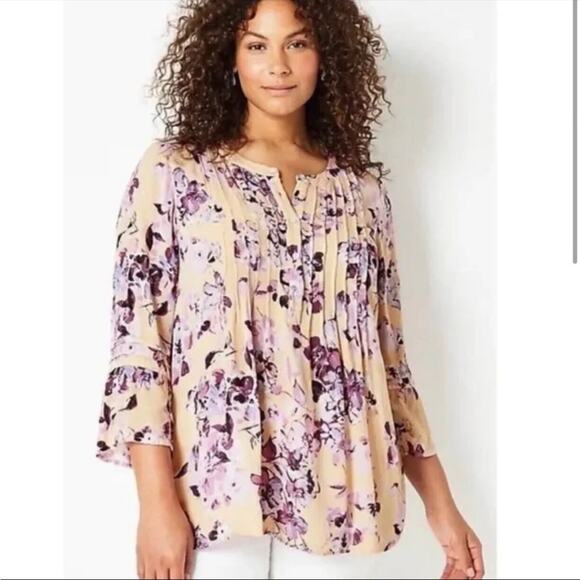 J. Jill Tops - NWT J. Jill Pintucked Bell Sleeve Floral Blouse Purple Peach 3/4 Sleeve Sz S
